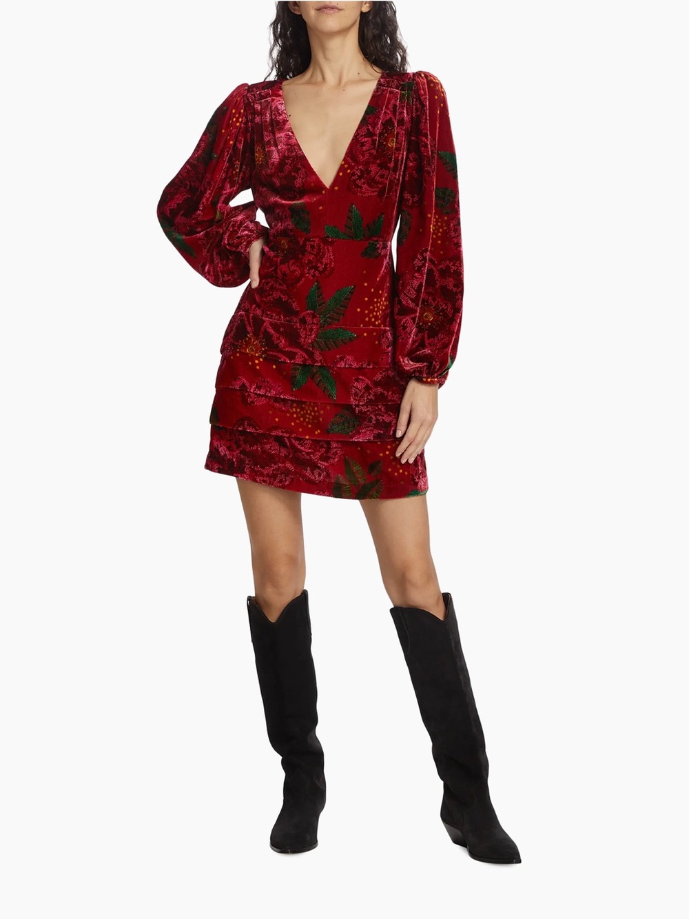 FARM Rio Mini Dress Womens Size L Red Pink Floral Velvet Long Sleeve - Picture 11 of 16